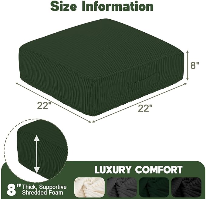 Meditation Floor Pillow Set of 2, 8" Extra Thick Floor Cushion for Sitting with Washable Cover, Large Corduroy Meditation Pillow, 22 inches Tatami Seat with Handle for Yoga Pillow, Green