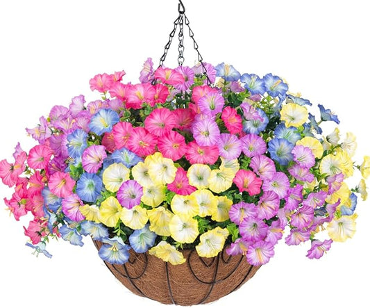 Artificial Fake Hanging Flowers Baskets for Outdoors Faux Plants Spring Outside Decor, UV Resistant Silk Morning Glory Flowers in Planter Realistic Petunias for Outdoor Porch Patio Garden Yard Home