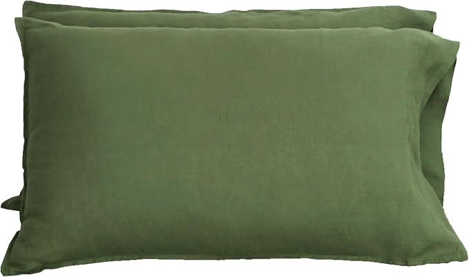 100% French Linen Pillowcase-Set of 2, Queen Size(20''x30''), Stone Washed Solid Color, Soft and Breathable (Olive Green, Queen)