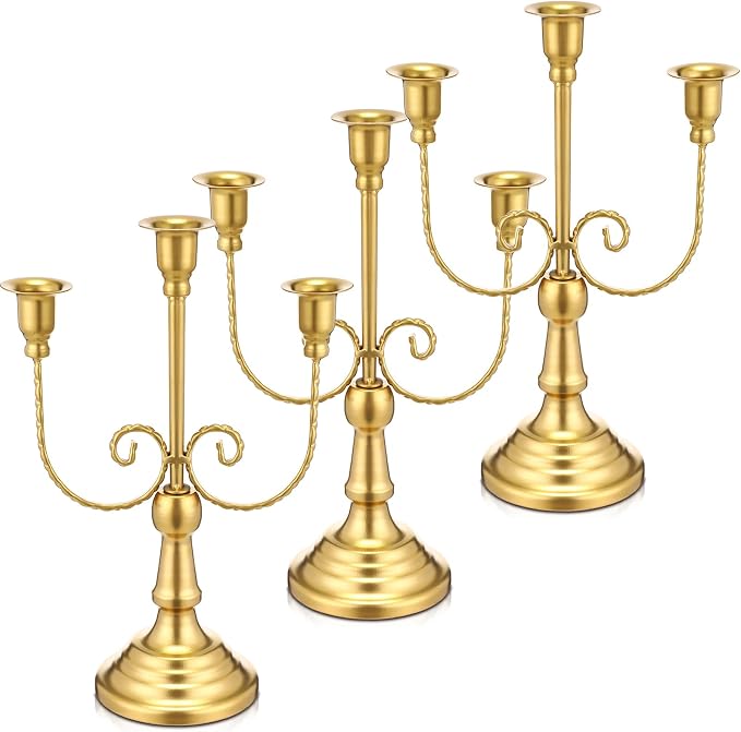 Dandat 3 Pcs 3 Arm Metal Candelabra Candlestick Holders Tall Candlestick Holders Gothic Candle Holder for Home Wedding Church Christmas Party (Retro,11.8 Inch,Gold)