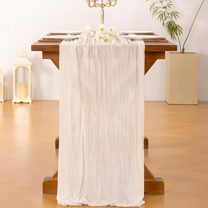 Socomi 3pcs Ivory White Cheesecloth Table Runner Easter Spring Boho Rustic Gauze 120 inch 10FT Cheese Cloth Runner for Wedding Party Baby Shower Birthday Home Decor Holiday Decorations