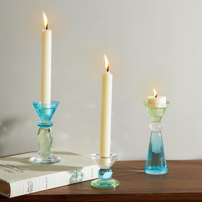 DN DECONATION Glass Candle Holder, Blue Clear Crystal Candlesticks Holders | Set of 3, Crystal Tealight Candles Holder for Table Centerpiece Wedding Decorations Housewarming Gift Living Room Party