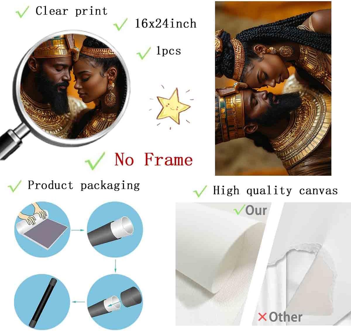 African American Wall Art Canvas King And Queen Wall Art Portrait Black Men And Women Painting Love Black Couple Painting Gold Crown African Woman Picture Abstract Living Room Decor 16x24inch No Frame