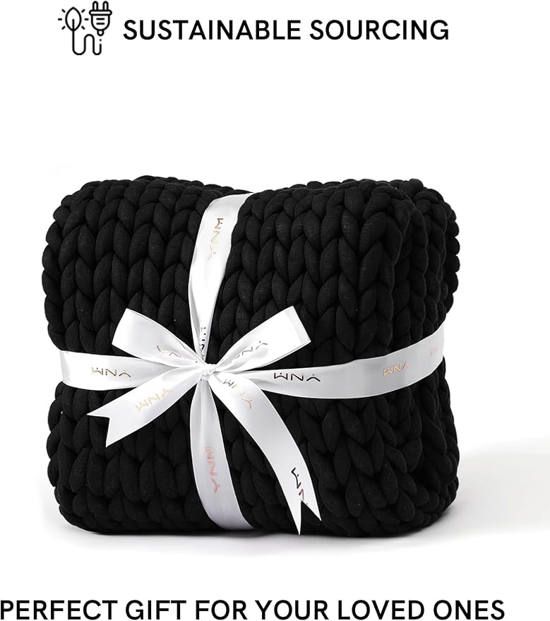 YnM Chunky Throw Blanket, Medium-Weight, Hand Knitted, Skin Friendly, Ventilated and Breathable, Machine Washable, Home Décor Piece for Couch, Sofa and Bed (Black, 60x80 Inch)