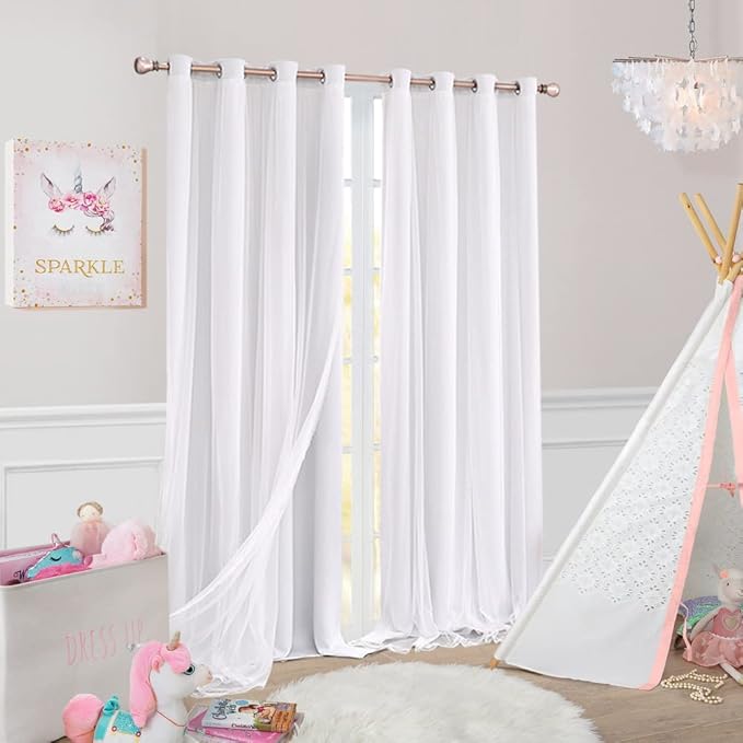 Greyish White Blackout Curtains Set - Double Layers Voile Sheer Light Blocking Draperies with Tie-Backs for Bedroom Windows, 52 x 54 inches, 2 Pieces