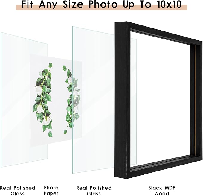 MUYE 10x10 Floating Frames Set of 2,Double Glass Picture Frame Display Any Size Photo up to 10x10,Wall Mount or Tabletop Standing,Black