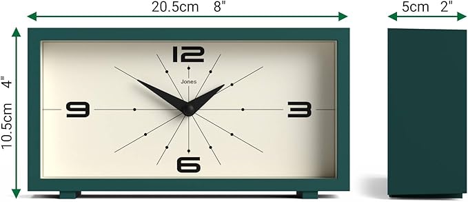 JONES CLOCKS® Odeon Desk Clock | Modern Rectangular Design | Green | Stylish Retro Look for Shelf, Table, Mantel or Bedside
