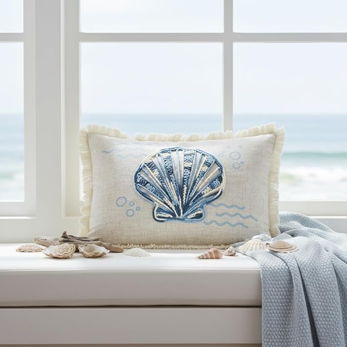 Comfy Hour 18"x13" Blue and White Scallop Shell Accent Pillow, Antique Vintage Figurine Style Home Decor, Coastal Lumbar Cushion with Removable Insert
