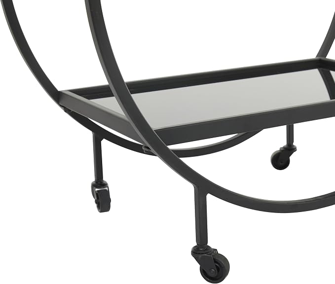 Deco 79 Metal Rolling 2 Mirrored Shelves Bar Cart with Wine Glass Storage and Handle, 28" x 14" x 31", Black