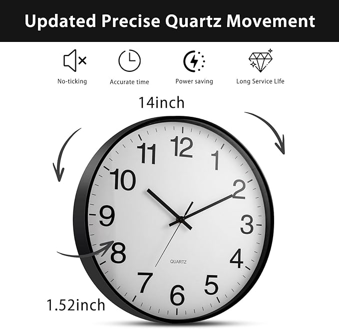 Inbagi 8 Pcs Wall Clock Large Silent Battery Operated Wall Clocks Modern Non Ticking Clocks Bulk Decorative for Kitchen Office Living Room Home Bathroom Bedroom Classroom (Black,14 Inch)