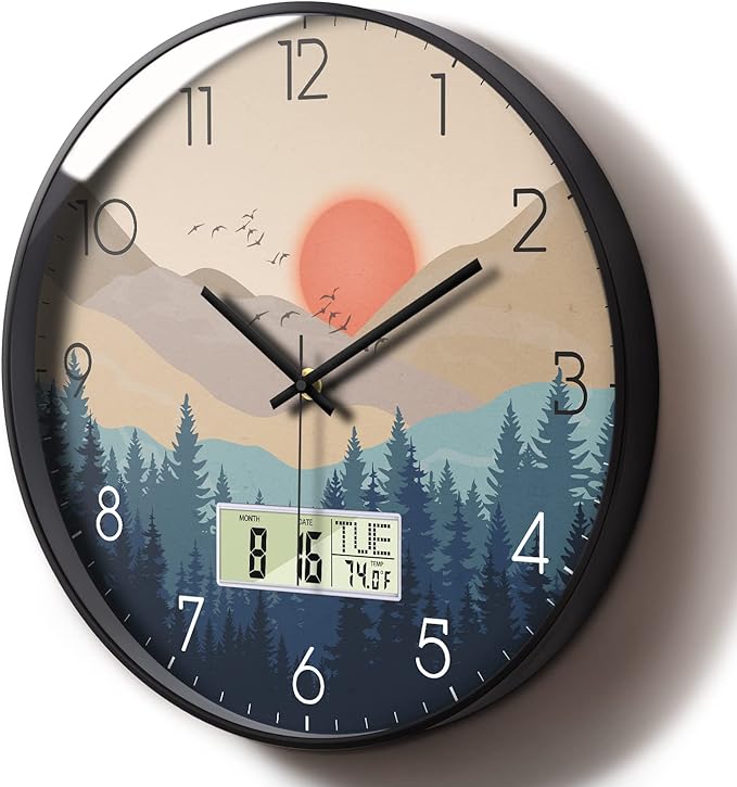 12 Inch Wilderness Sunset Wall Clock, Silent Non-Ticking Battery Operated Analog Clock with LCD Date, Day & Temperature Display, Modern Wall Clock for Living Room, Home Office, Bedroom, Farmhouse