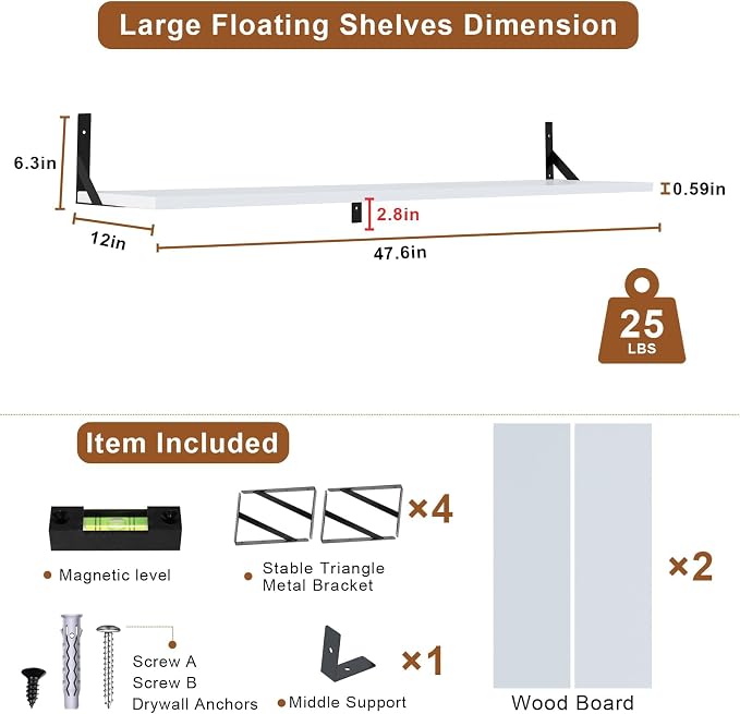 Long Wall Shelves, 48" W x 12" D Large Floating Shelves Set of 2, Wide Display Wood Shelf Wall Mounted with Heavy-Duty Metal Brackets for Bedroom Books, Living Room, Kitchen, White