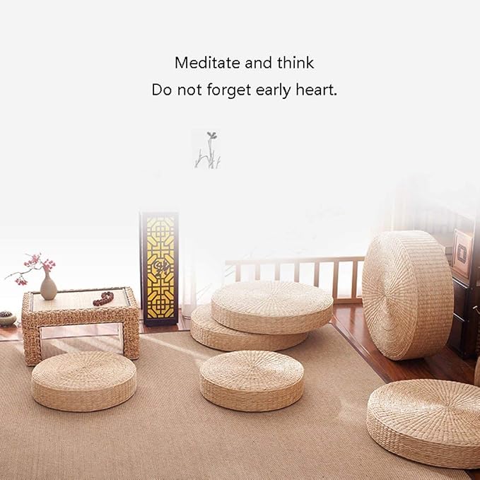 HUAWELL 2 Pack Tatami Floor Pillow Sitting Cushion Bigger Size,Round Padded Room Floor Straw Mat for Outdoor Seat (Dia: 19.7)