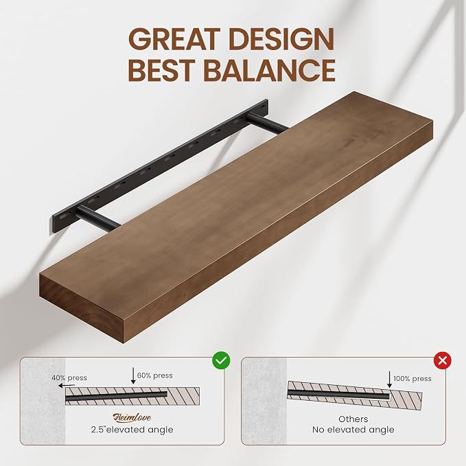 Heimlove Solid Wood Floating Shelves 36 inch, 8 Inch Deep Display Shelves Set of 2, Wall Mounted Floating Shelf with Invisible Brackets for Bathroom Bedroom Kitchen Living Room - American Walnut