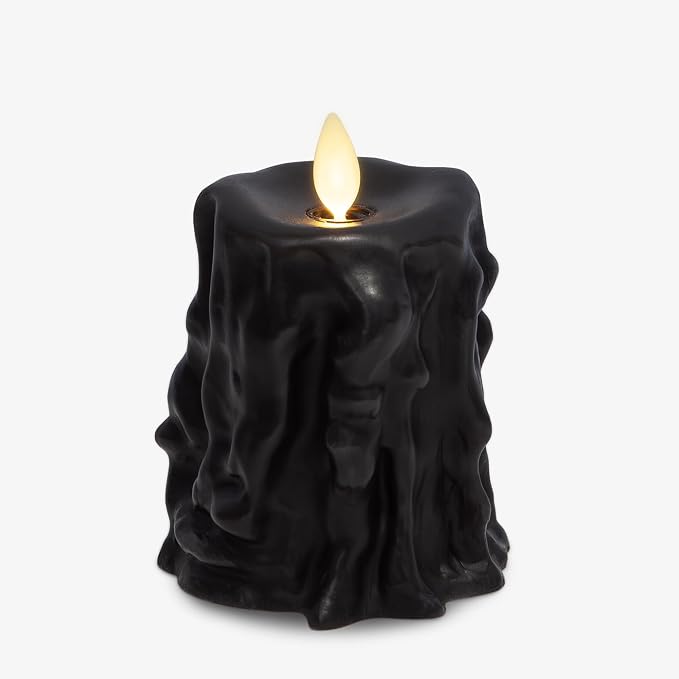 Luminara Heavy Wax Drip Flameless LED Candle, Black 3.4" x 4.5", Timer Function, Real Wax Pillar, Battery Operated Unscented Safe, Long-Lasting