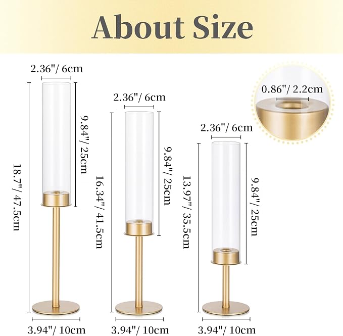 Hewory Gold Candle Holders - 6Pcs Brass Hurricane Candlestick Holders with Glass Candle Cover for Wedding Table Centerpiece Christmas Decor