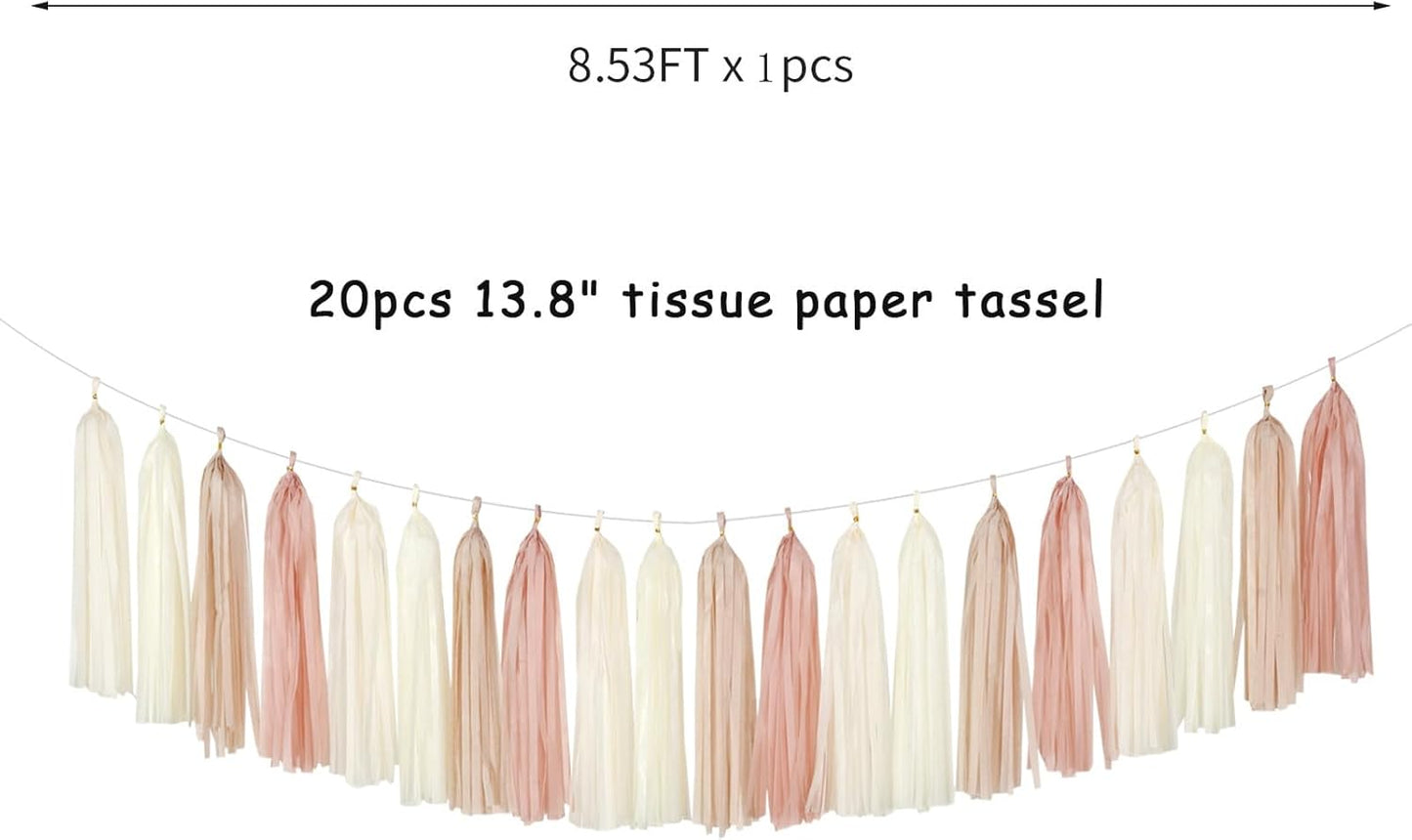 Champagne-Gold Beige Boho Party-Decorations Tassel-Garland - 20pc Fall Baby Shower Birthday Wedding Bridal Tassel,Autumn Engagement Bachelorette Banner Streamers,Neutral Rustic Backdrop Decor Panduola