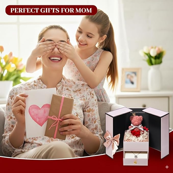 Gifts for Mom Wife Women Preserved Real Red Rose with Rotating Sunflower Pandent Necklace&Cute Pink Bear Birthday Gift Box for Mama Girlfriend Wife Her Grandma Anniversary Valentines Day
