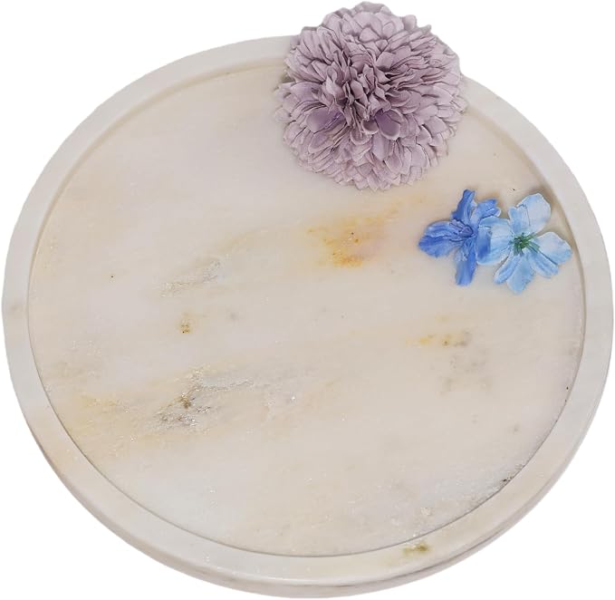 Natural Marble Vanity Tray, Round, 8.3 Inch, with Anti-Slip Pads, for Bathroom, Jewelry, Perfume Display, Coffee Table Decor (Chinese White Marble)
