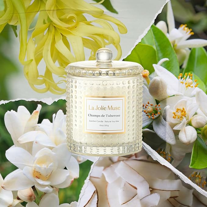 LA JOLIE MUSE Tuberose Floral Scented Candles for Home, Natural Soy, 55 Hrs | Large Jar Luxury Candles, Clean Non Toxic, Gifts for Women & Mom, Decorative Candles, Spring Summer Candle,Ylang Ylang Candle