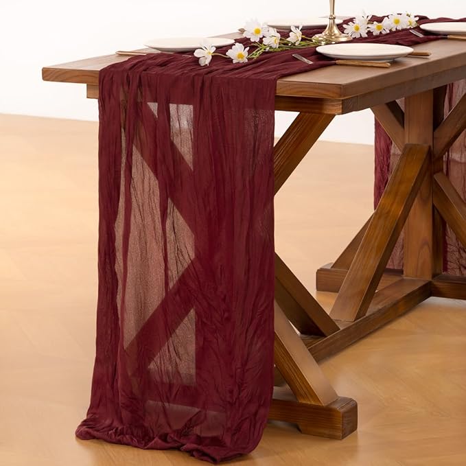 Socomi 3pcs Burgundy Red Easter Spring Cheesecloth Table Runner Boho Rustic Gauze 120 inch 10FT Cheese Cloth Runner for Wedding Party Baby Shower Birthday Home Decor Holiday Decorations