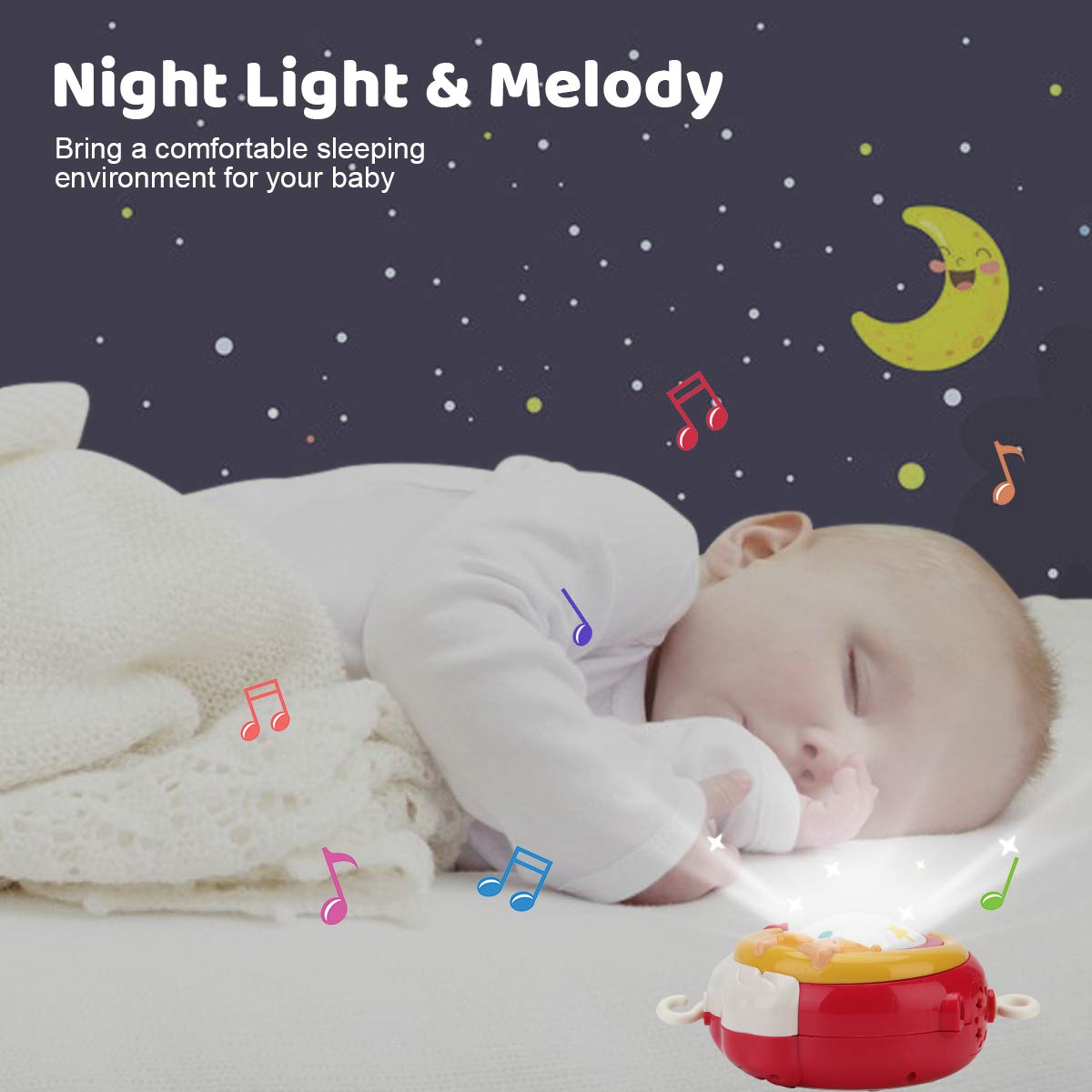 Mini Tudou Baby Musical Mobile Crib Toys with Projector and Light, Timing Function, Remote Control Baby Cot Mobile with Take Along Music Box and Rattles, Present for Newborn Babies Boys Girls