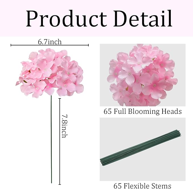 65Pcs Pink Hydrangea Artificial Flowers Bulk，Realistic Silk Fake Flowers with Stems，Faux Hydrangea Flowers for Wedding Home Decor Centerpieces Living Room Garden Party Baby Shower Decoration