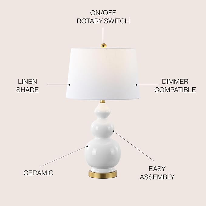 JONATHAN Y 27.5" White/Brass Gold Modern Ceramic Gourd Table Lamp for Living Room, Large Bedside Nightstand Lamp for Bedroom, White Linen Drum Shade, LED Bulb Included (JYL4023D)