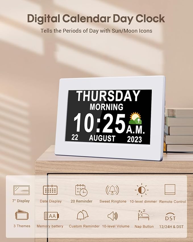 MASSII 𝗨𝗽𝗴𝗿𝗮𝗱𝗲𝗱 Dementia Clock 27 Alarms with Auto DST, DIY Custom Reminders,10 Auto-Dim Options, Non-Abbreviated Digital Clock for Elderly, Memory Battery Included (7 Inch with Remote)