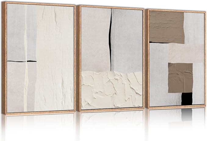 LHIUEM Large Abstract Neutral Framed Canvas Wall Art Set,Mid Century Beige Textured Wall Decor,Brown Gray Block Art Painting for Living Room,Bedroom,Dining Room,Office -24"x36"x3
