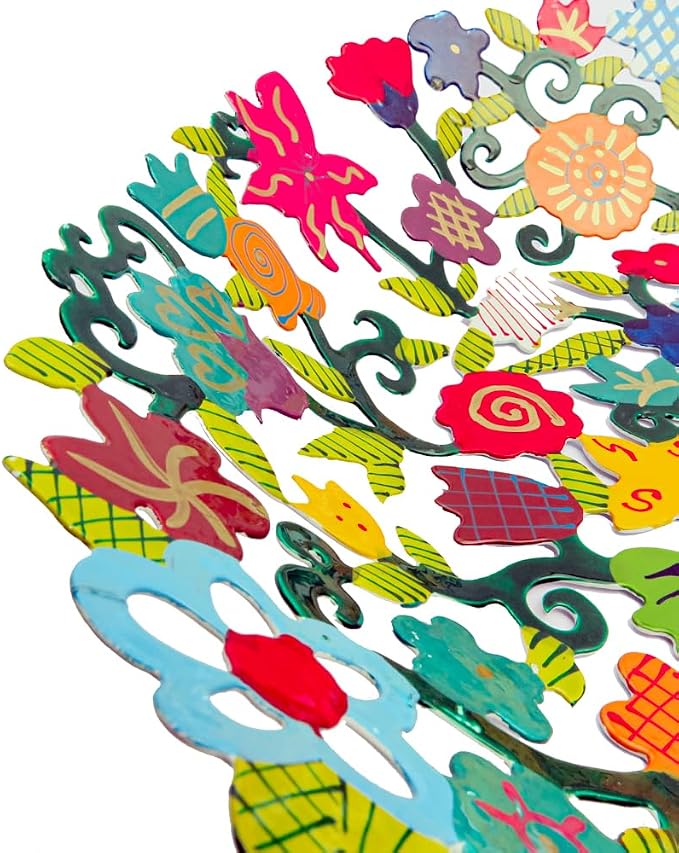 Emanuel Yair Decorative Metal Fruit Bowl | Vibrant Hand Painted Bowl | Hangable Centerpiece for Home Decor and Gifting | Judaica Art (14 inch, Flowers)