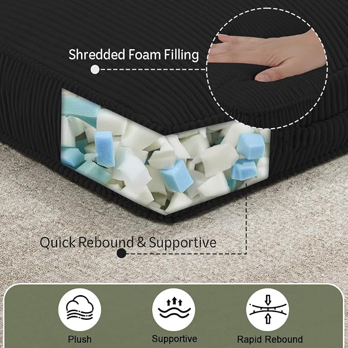 Floor Pillow for Adults Set of 2, 4" Square Floor Cushions with Washable Cover, Large Corduroy Meditation Pillow, 22 inches Tatami Seat with Handle for Living Room or Yoga, Black