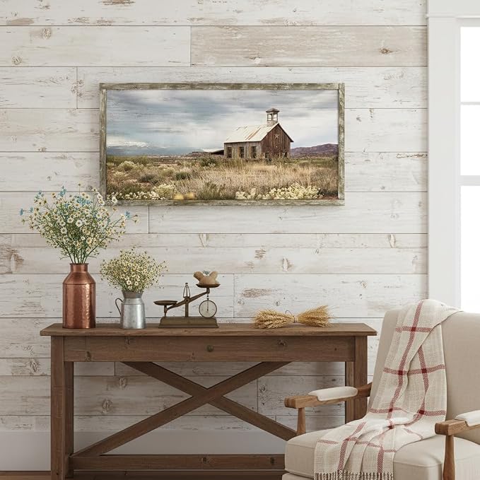 Country Wall Art Framed Picture: Large Farmhouse Old Barn Wood Painting Decor Rustic Bedroom Living Room Farm Scene Print Horizontal Panoramic Nature Landscape Countryside View Artwork for Home