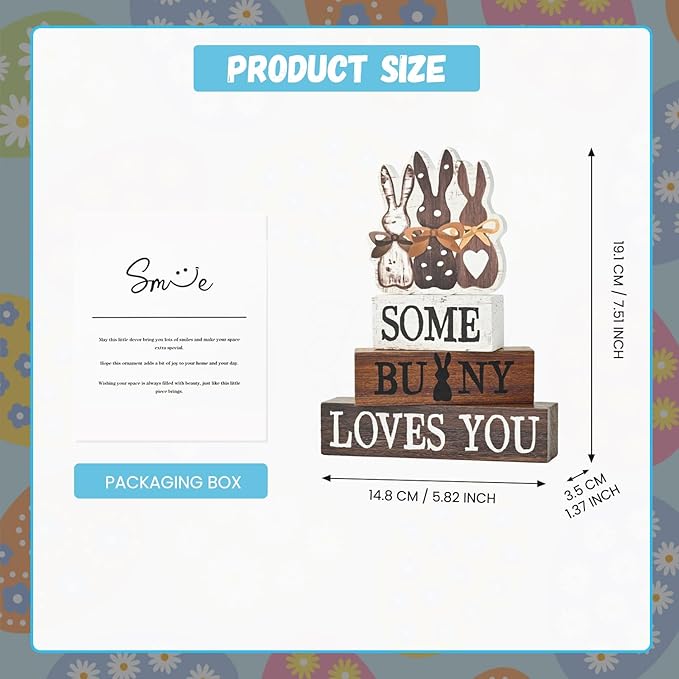 Smile Wooden Easter Decoration Sign - "Some Bunny Loves You" Wooden Block Stack Decor, 3-Tiered Rustic Blocks with Bunny Silhouette Topper for Easter & Spring Tabletop Display