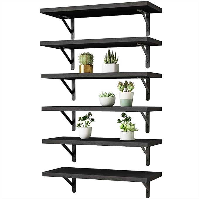 YGEOMER Wall Shelves for Bedroom, 16.5 Inch Floating Shelves for Wall, Shelves for Bathroom Storage, Living Room and Kitchen Decor (Set of 6 Black)