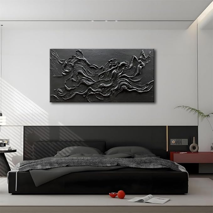 zoinart Hand Painted Large Black Wall Art 30"x60" Thick Texture Minimalist Oil Paintings Contemporary Art Oil on Canvas Abstract Textured Wall Art Pure Black Wall Art
