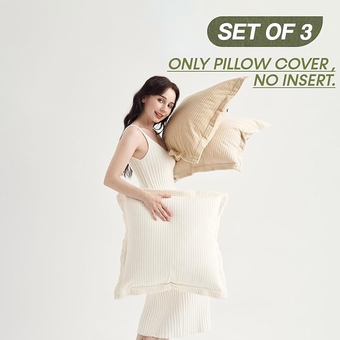 COCO TOP Set of 3 Decorative Vintage Throw Pillow Covers 20x20inch, Soft Striped Textured Corduroy Square Cushion Pillowcases for Modern Bedroom Living Room Farmhouse Decor(Camel, Beige & White)