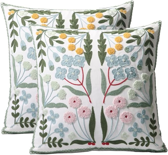 Pack of 2 Embroidered Decorative Throw Pillow Cover 18x18 Inch Farmhouse Floral Pillowcase for Living Room Sofa Bed (Blue Floral)