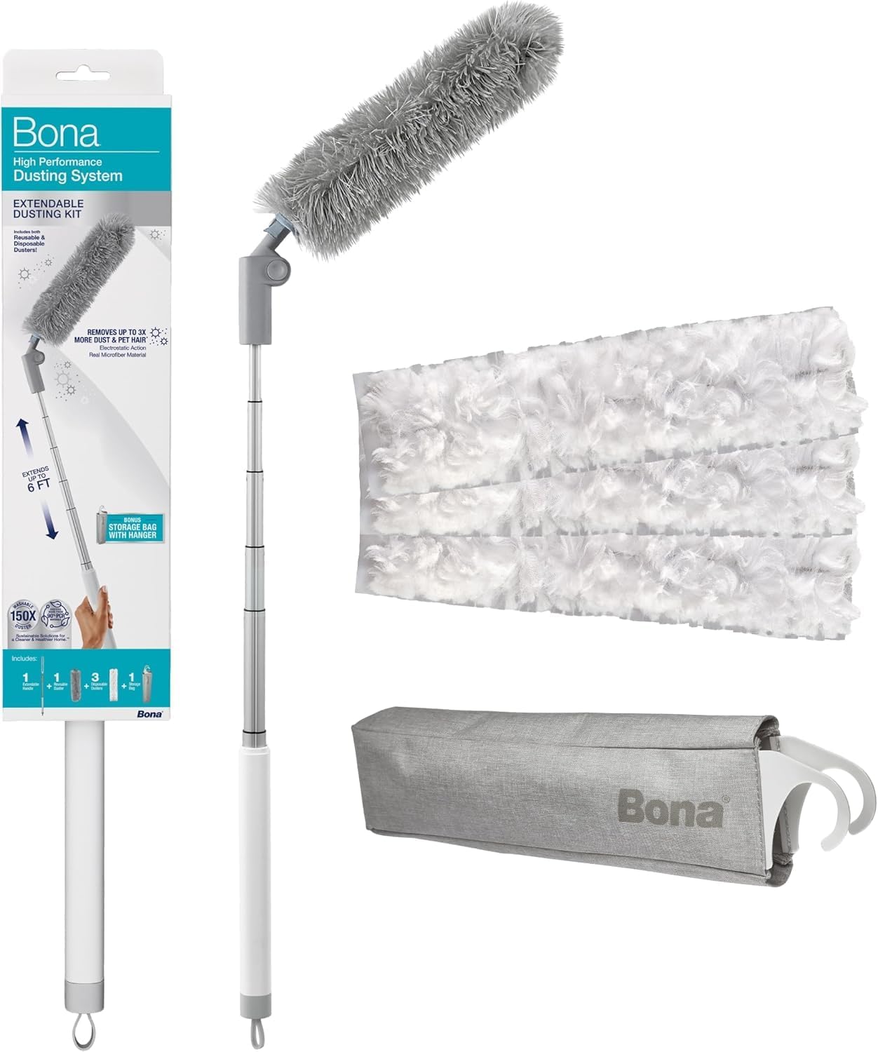 Bona High Performance Dusting System - 1 Extendable Handle, 3 Disposable Dusters, 1 Reusable Duster, & 1 Storage Bag - Extendable Dusting Kit