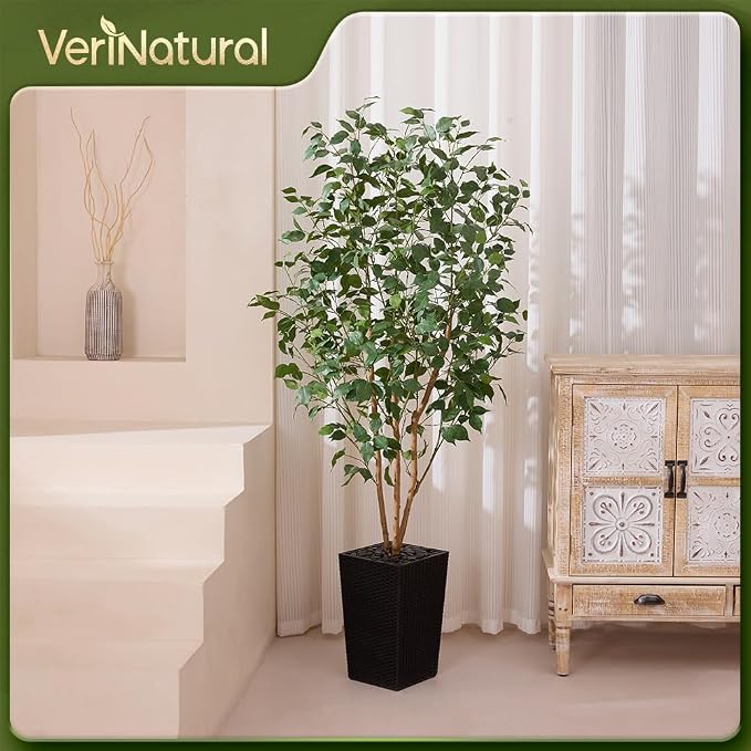 VeriNatural 6ft Artificial Ficus Tree,Tall Faux Tree with Silk Leaves & Real Wood Trunk,UV Resistant Potted Fake Plant with Pebbles & Planter-Indoor Outdoor Floor Plant for Home Living Room,VN129