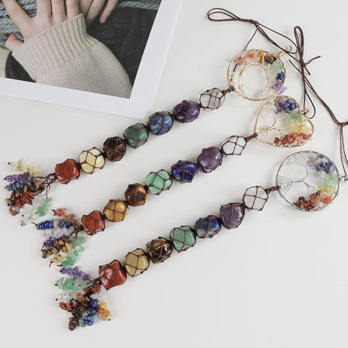 Anjiucc 7 Chakra Stone Healing Crystal Tree of Life Wall Hanging Home Interior Decoration，Window Decoration，Yoga Meditation