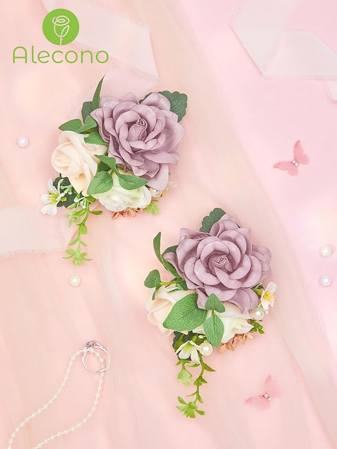 Alecono Boutonniere for Men, Set of 2 for Wedding Groom Groomsmen, Purple Artificial Flowers for Ceremony Anniversary Marriage Graduation Prom Dinner Party Homecoming