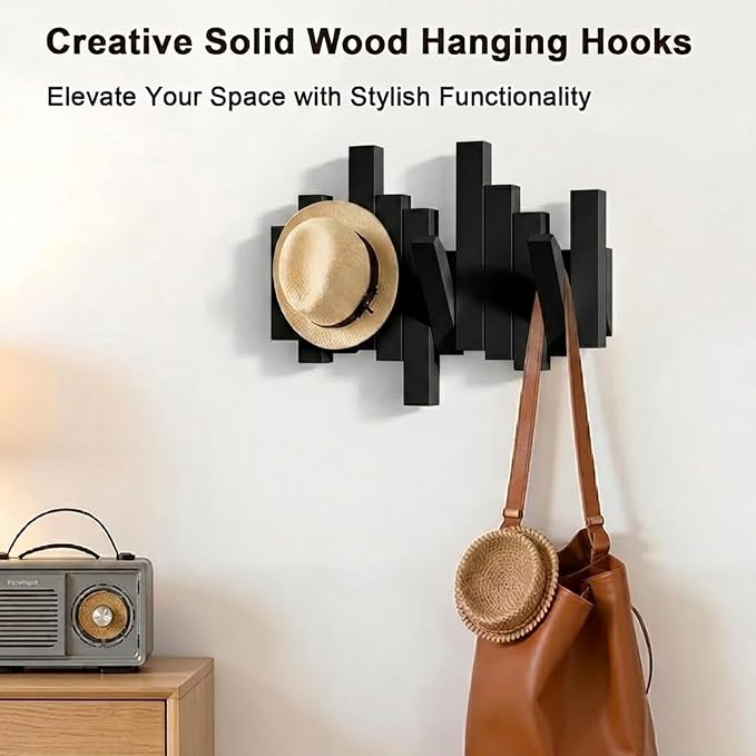 Modern Wooden Coat Rack, key holder wall mount– Handmade Solid Walnut Flip Hook Rack with Hidden Mount, Decorative Entryway Wall Hooks for Coats, Bags & Hats, Space-Saving Design (Black, 3Hooks)