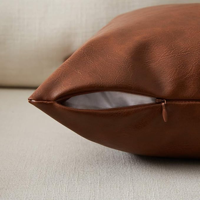 Fancy Homi Brown Boho Lumbar Faux Leather Decorative Throw Pillow Covers 12x24 Inch for Living Room Couch Bed Sofa, Solid Rectangle Cushion Case 30x60 cm, Rustic Modern Farmhouse Home Decor