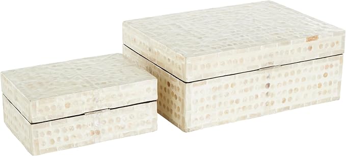 Deco 79 Mother of Pearl Shell Geometric Handmade Decorative Box Mosaic Dot Storage Decorative Keepsake Box with Brown Accents, Set of 2 Storage Box 12", 8"W, Cream