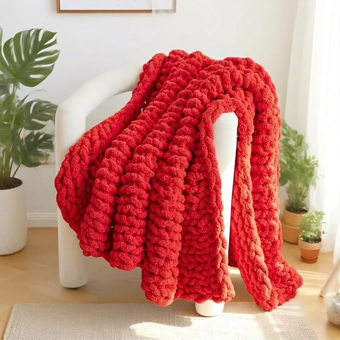 Handmade Chunky Knit Blanket, Cosy Chenille Throw (Red, Throw (50" x 60"))