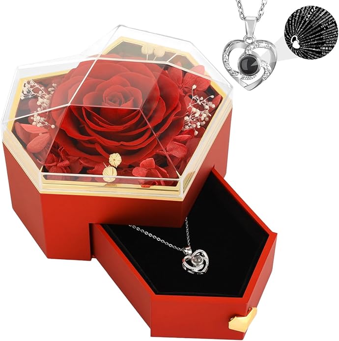 Emibele Preserved Rose Gifts for Women, Eternal Flower Rose Box with Heart Necklace, Romantic I Love You Gifts for Women Her Wife Mom Grandma on Valentines Mothers Day Birthday Anniversary