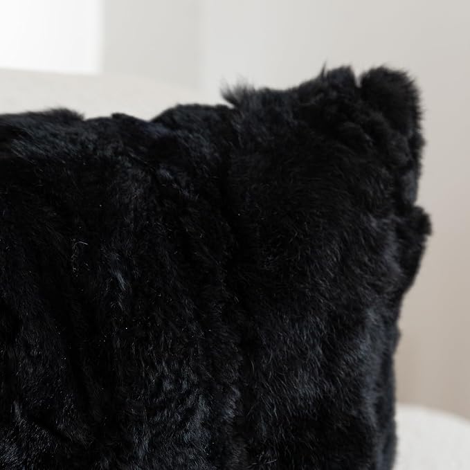 Genuine Rabbit Fur Throw Pillow Covers Set of 2,Luxury Decorative Pillowcases Soft Fluffy Animal Skin Accents Square Cushion Cover for Couch Sofa Bedroom Living Room Home,18x18 inch,Black