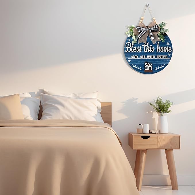 3D Bless This Home and All Who Enter Wooden Front Door Signs，Door Decorations Hanging,Christian Jesus Home Porch Wall Decor，Spring Wreaths，Door Wreaths for Front Door Outside All Season（Blue）