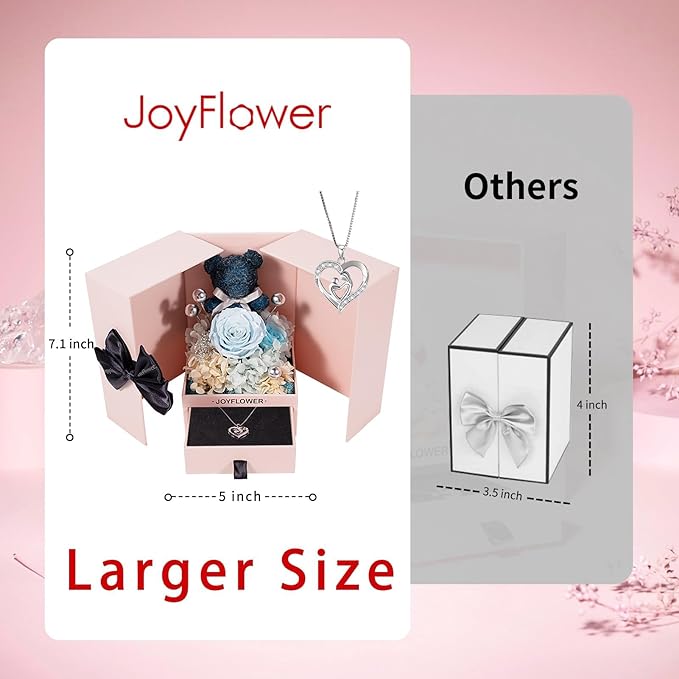 JoyFlower Preserved Flowers with Necklace Gifts for Mom, Unique Pearl Rose Eternal Flower Bear with Necklace Gift for Grandma, Preserved Real Blue Roses Birthday for Mother Grandma
